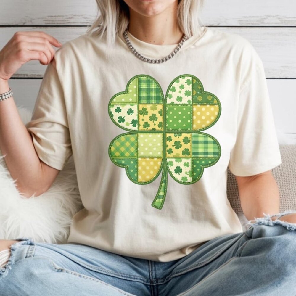 Faux Patchwork Clover Shirt, Trendy St Patricks Day Tee
